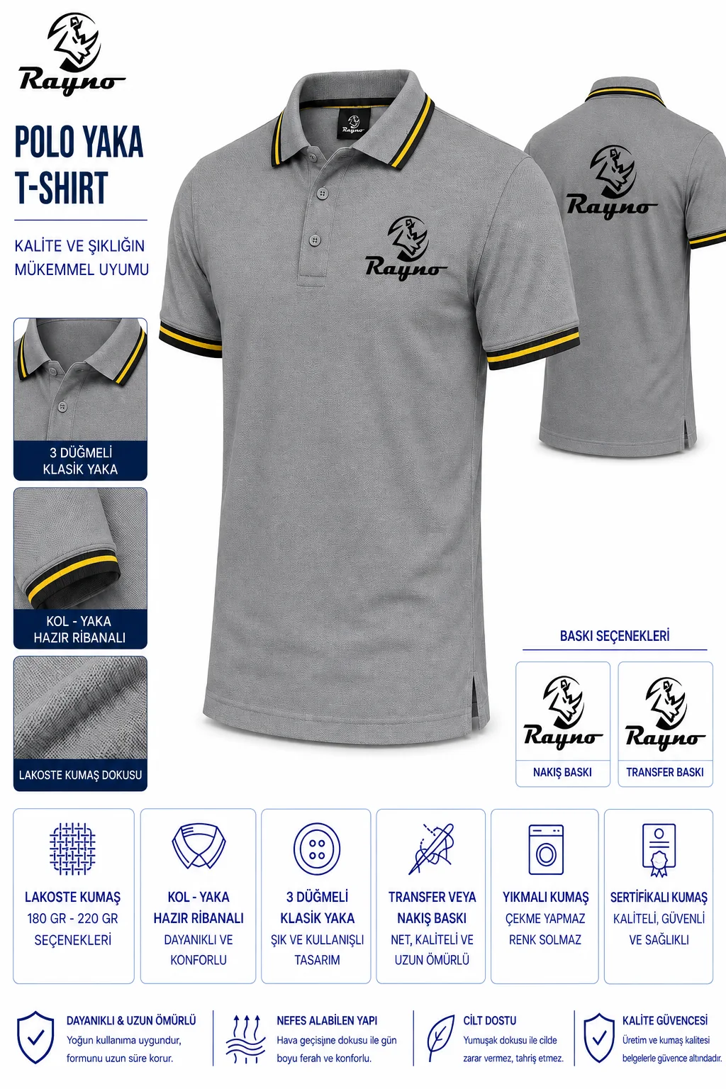 Polo Yaka Tshirt · Gri · Sarı Bordür · RM-İK-TPY-332