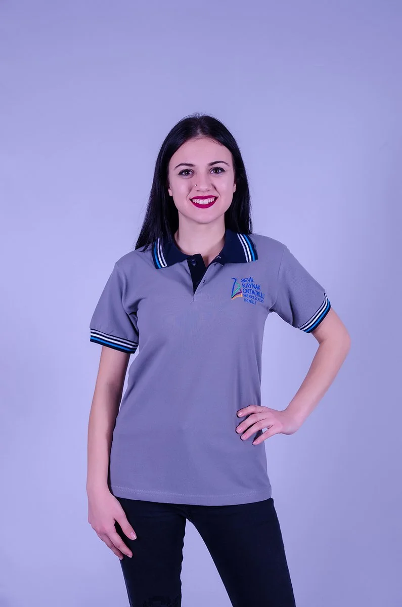 Gri-Lacivert Kadın Polo Yaka Tişört · RM-İK-TPY-427